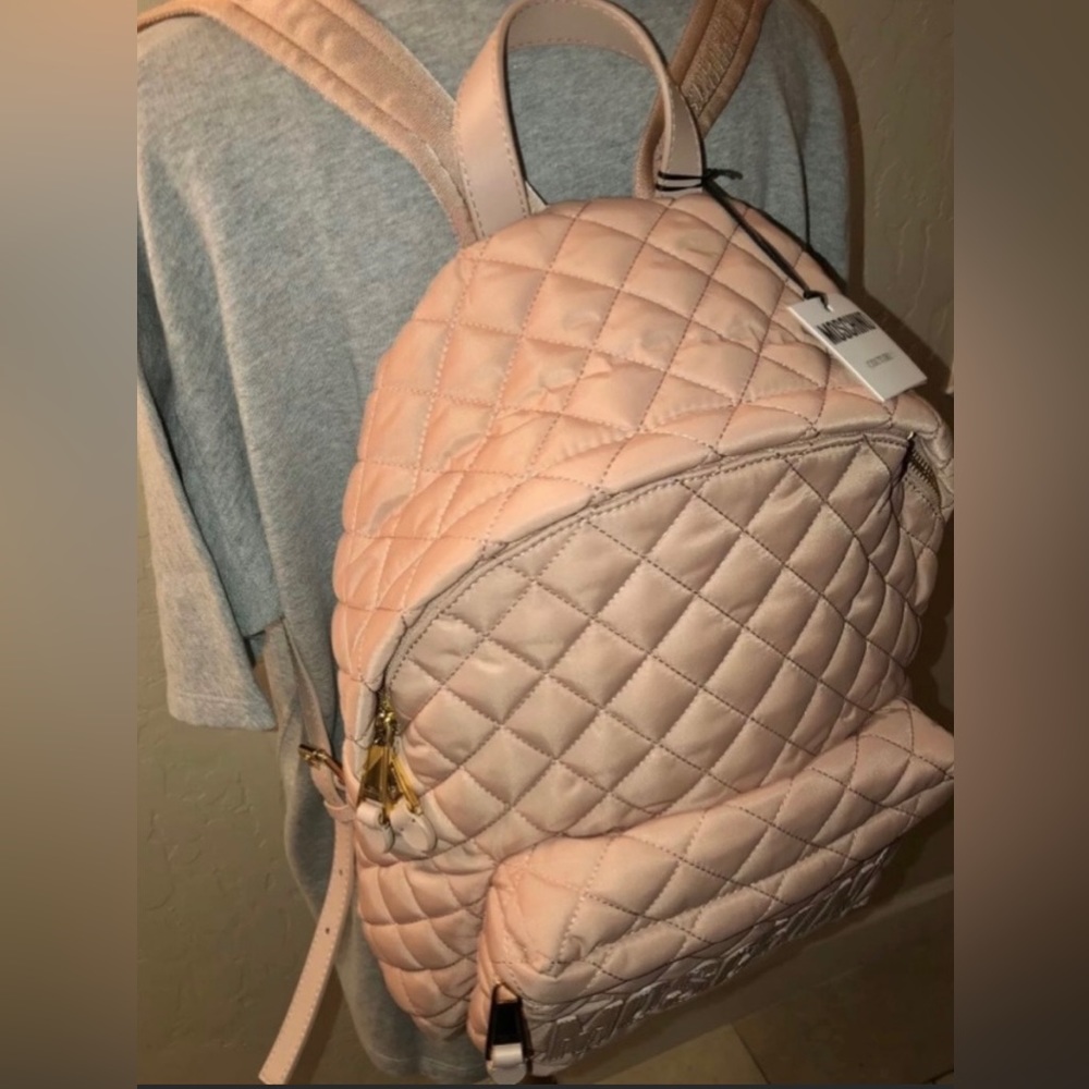🎉HP🎉New Moschino Large Nylon Quilted Logo Light Blush Pink Backpack✨LimitedEd - Picture 10 of 15